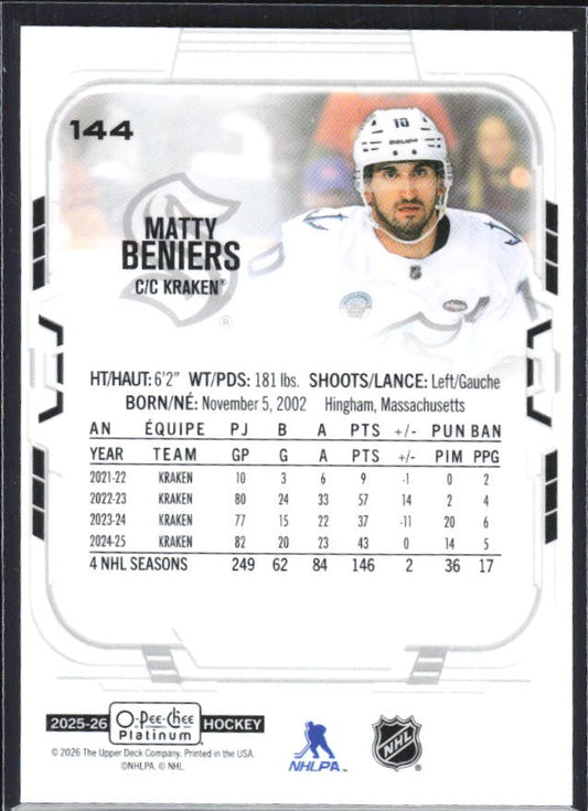 Matty Beniers 2025-26 O-Pee-Chee Platinum #144 – baksida