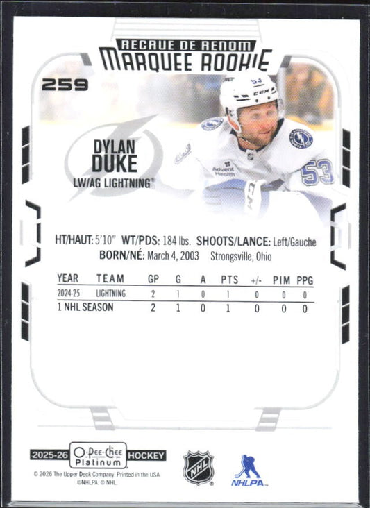 Dylan Duke 2025-26 O-Pee-Chee Platinum Marquee Rookie #259 – baksida