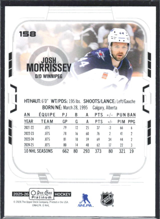 Josh Morrissey 2025-26 O-Pee-Chee Platinum #158 – baksida