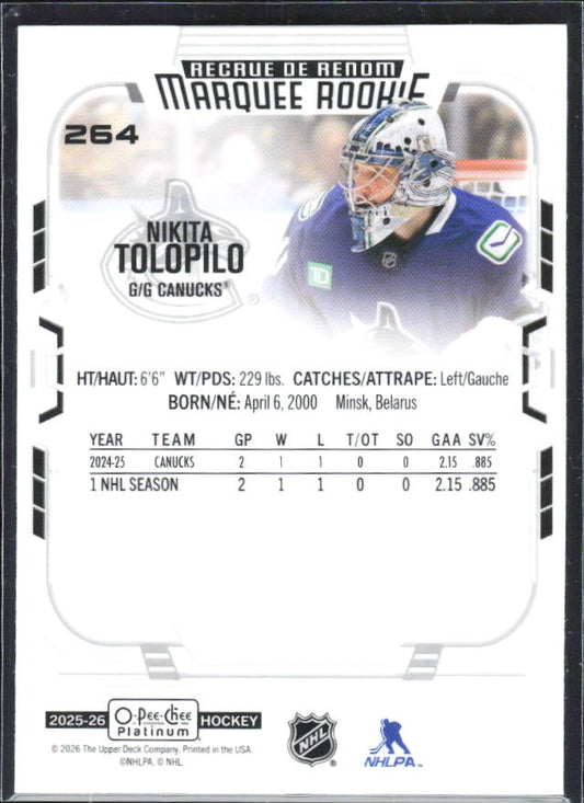 Nikita Tolopilo 2025-26 O-Pee-Chee Platinum Marquee Rookie #264 – baksida