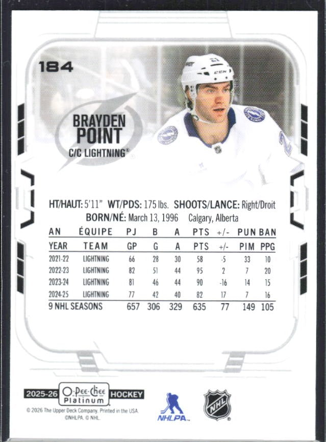 Brayden Point 2025-26 O-Pee-Chee Platinum #184 – baksida