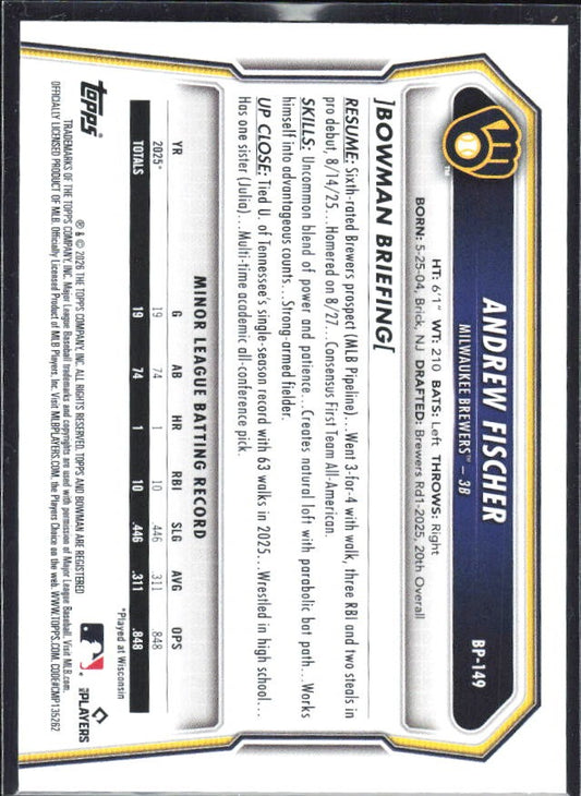Andrew Fischer 2026 Bowman Prospects #BP-149 – baksida
