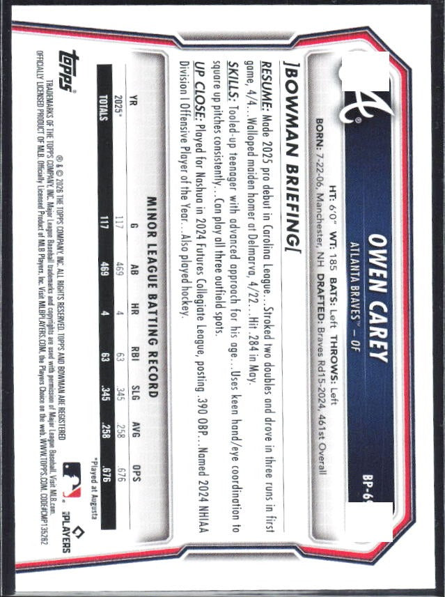 Owen Carey 2026 Bowman Prospects #BP-69 – baksida