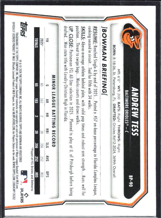 Andrew Tess 2026 Bowman Prospects #BP-90 – baksida