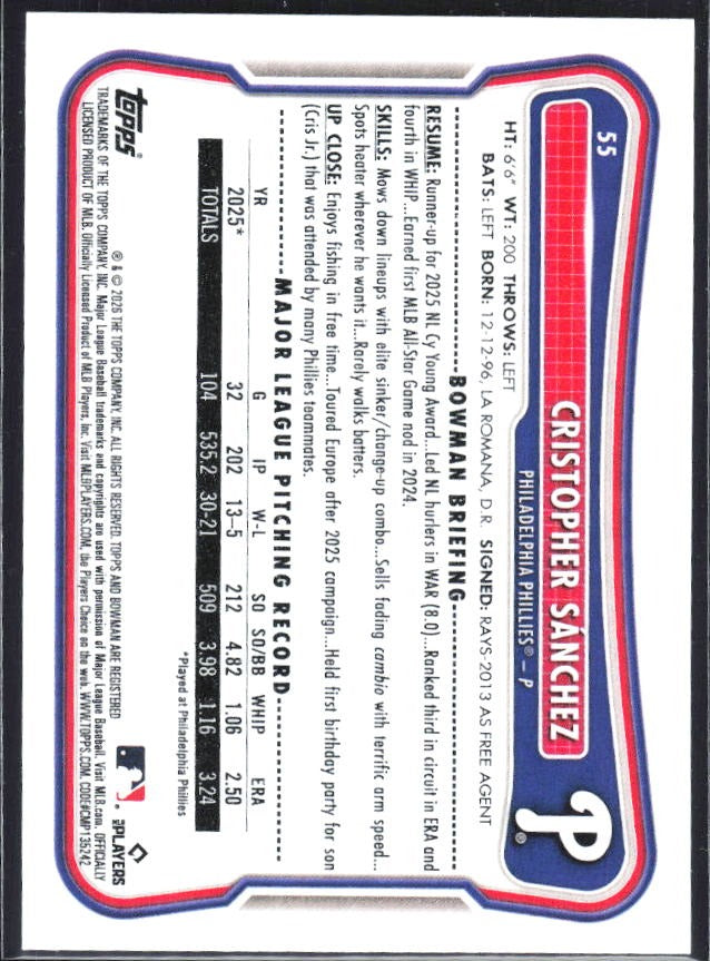 Cristopher Sánchez 2026 Bowman #55 – baksida