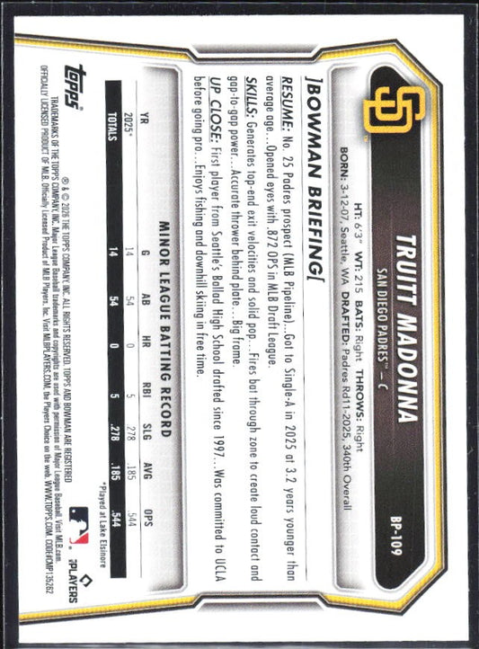 Truitt Madonna 2026 Bowman Prospects #BP-109 – baksida