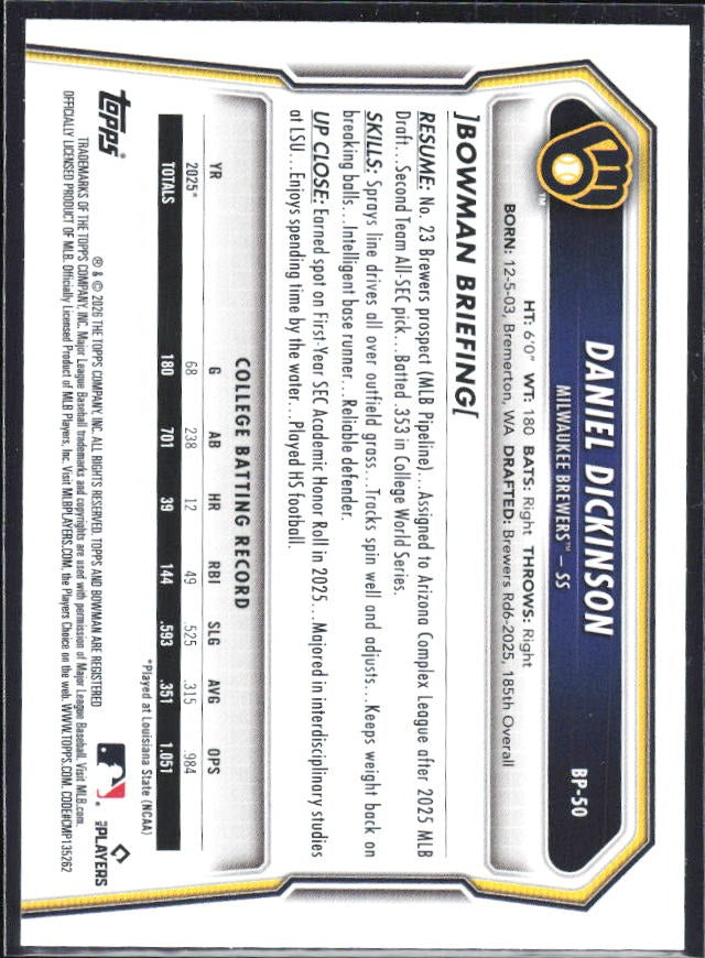 Daniel Dickinson 2026 Bowman Prospects #BP-50 – baksida