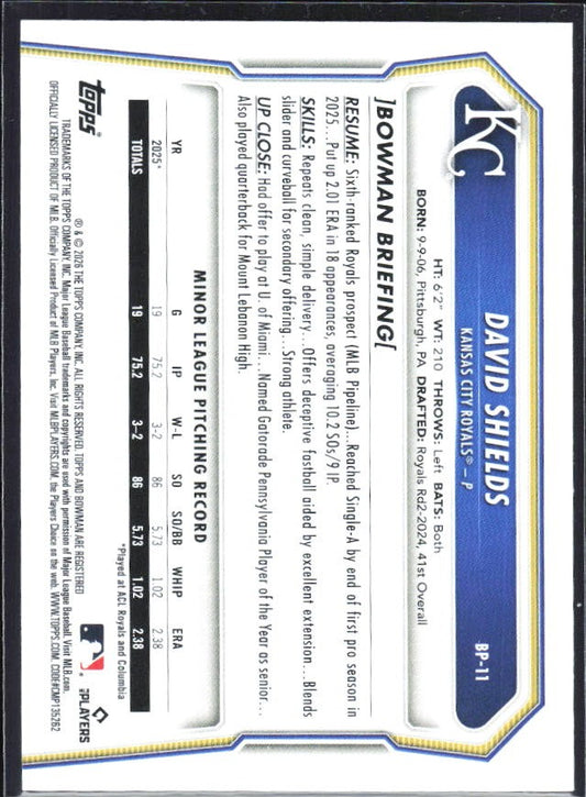 David Shields 2026 Bowman Prospects #BP-11 – baksida