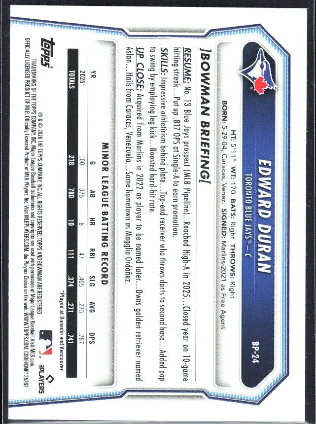 Edward Duran 2026 Bowman Prospects #BP-24 – baksida