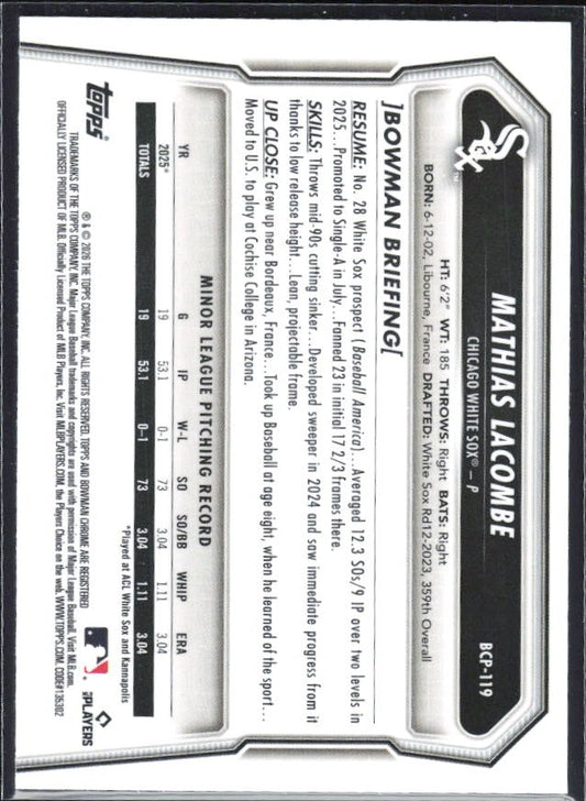 Mathias Lacombe 2026 Bowman Chrome Prospects #BCP-119 – baksida