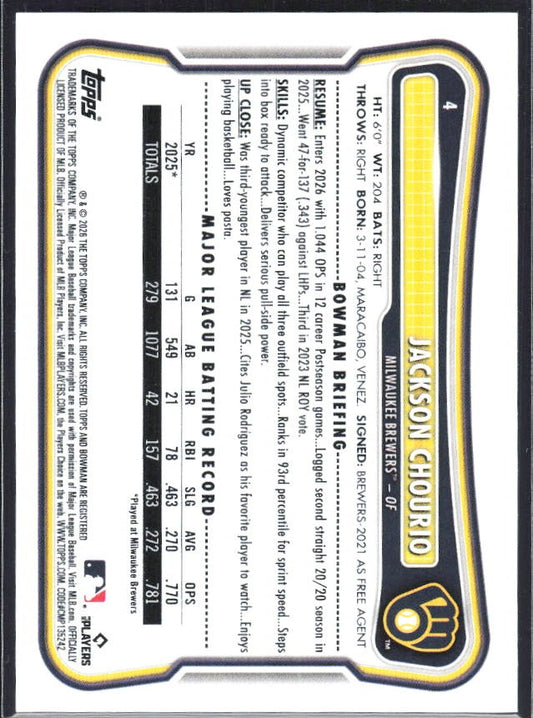 Jackson Chourio 2026 Bowman #4 – baksida