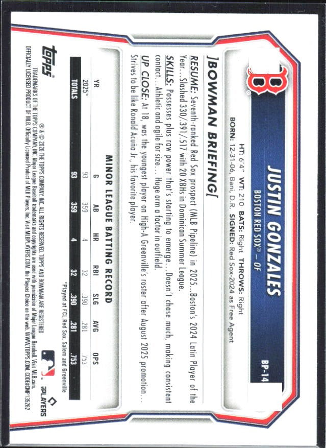 Justin Gonzales 2026 Bowman Prospects #BP-141 – baksida