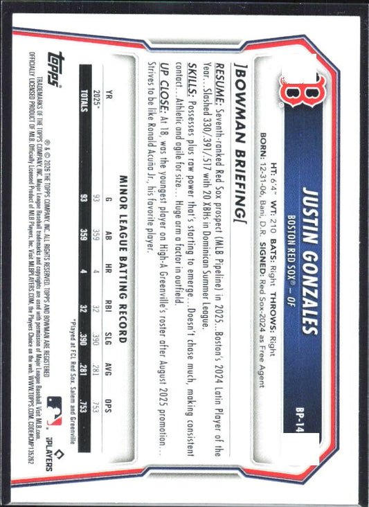 Justin Gonzales 2026 Bowman Prospects #BP-141 – baksida
