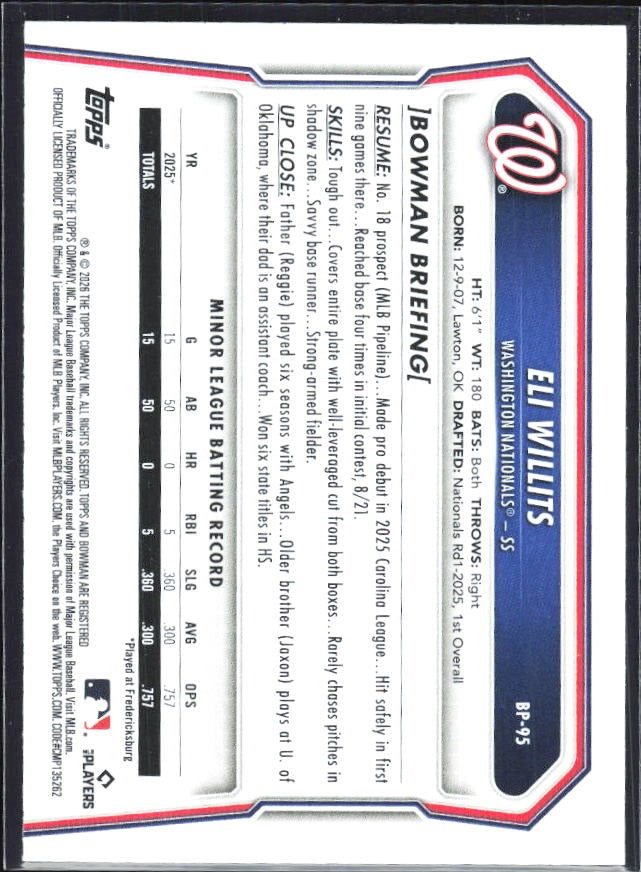 Eli Willits 2026 Bowman Prospects #BP-95 – baksida
