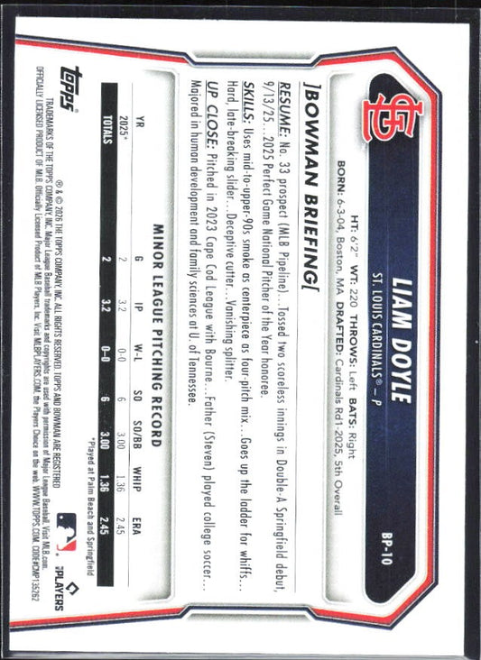 Liam Doyle 2026 Bowman Prospects #BP-10 – baksida