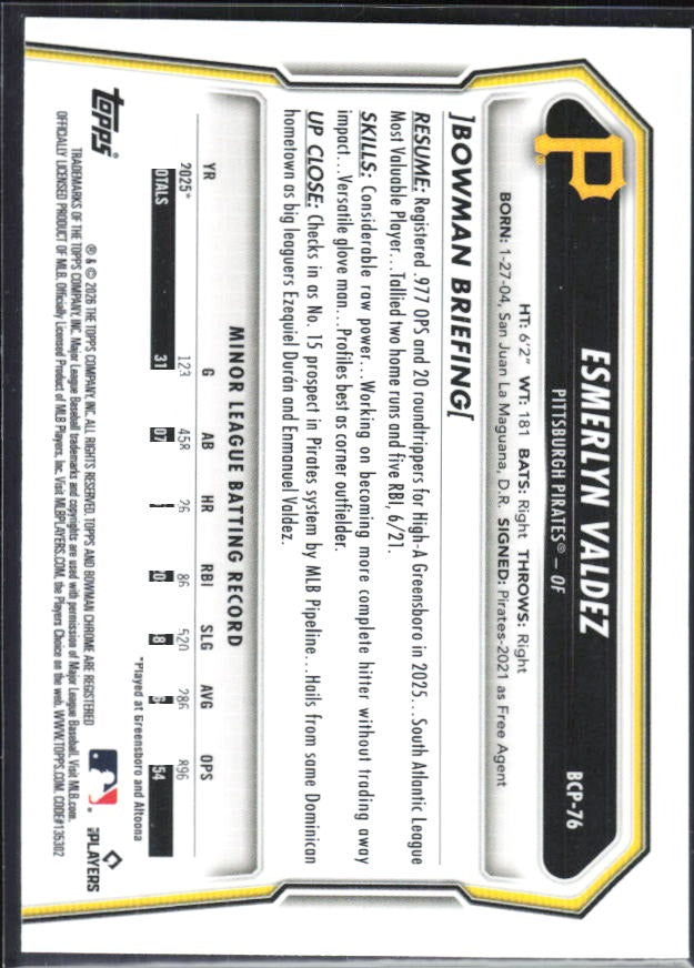 Esmerlyn Valdez 2026 Bowman Chrome Prospects #BCP-76 – baksida