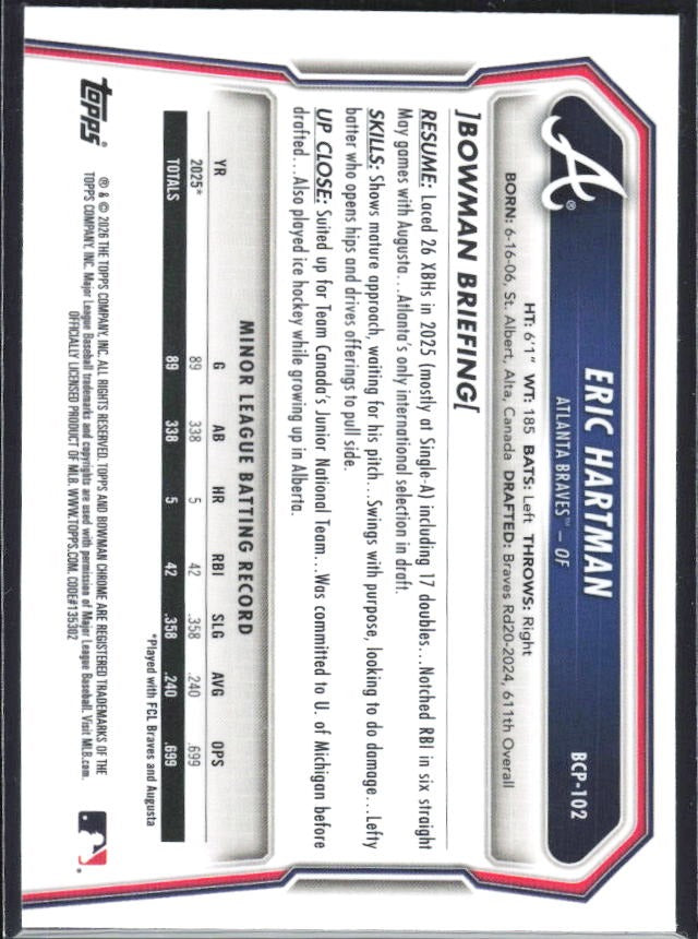 Eric Hartman 2026 Bowman Chrome Prospects #BCP-102 – baksida