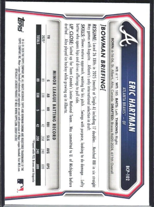 Eric Hartman 2026 Bowman Chrome Prospects #BCP-102 – baksida