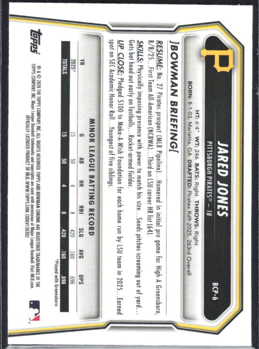 Jared Jones 2026 Bowman Chrome Prospects #BCP-6 – baksida
