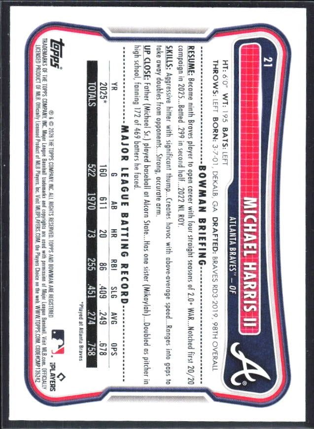 Michael Harris II 2026 Bowman #21 – baksida