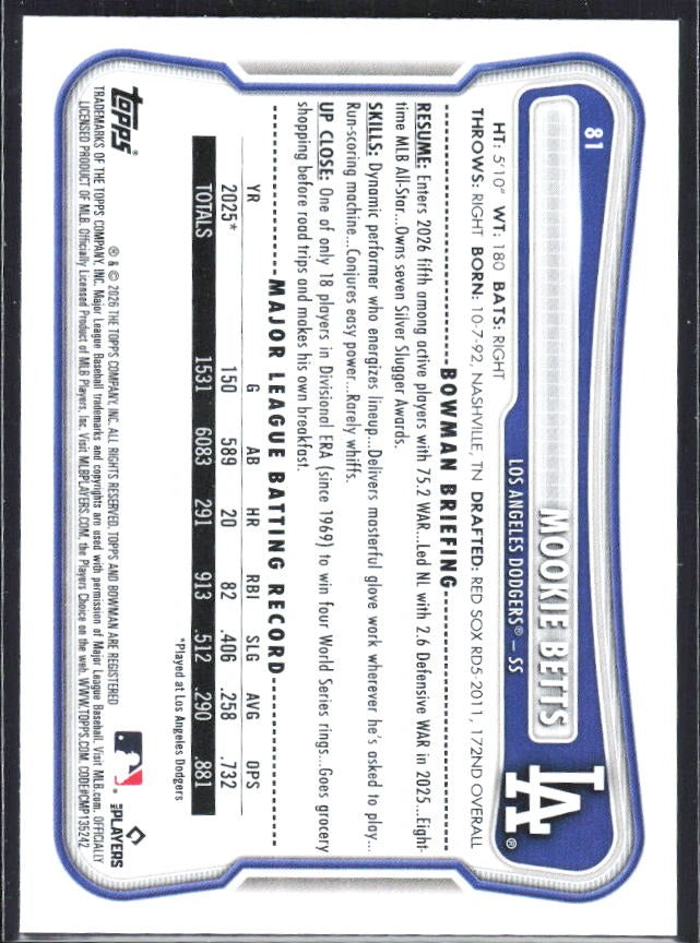 Mookie Betts 2026 Bowman #81 – baksida