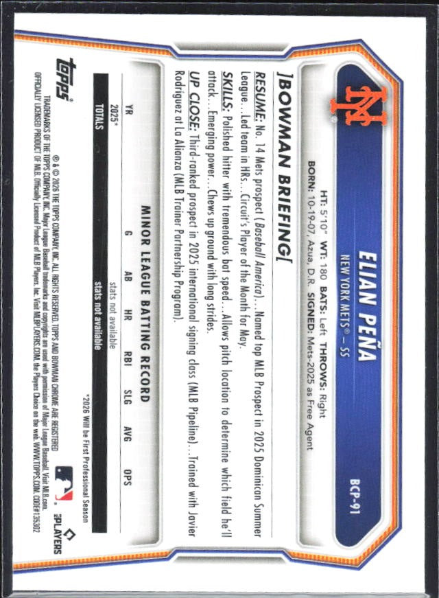 Elian Peña 2026 Bowman Chrome Prospects #BCP-91 – baksida