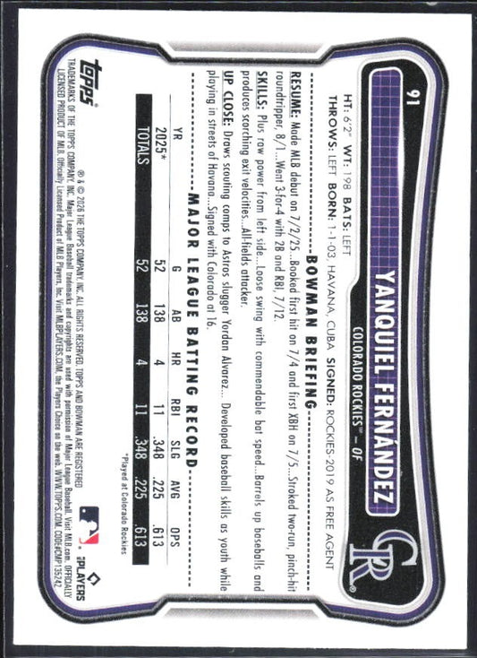 Yanquiel Fernández 2026 Bowman #91 – baksida
