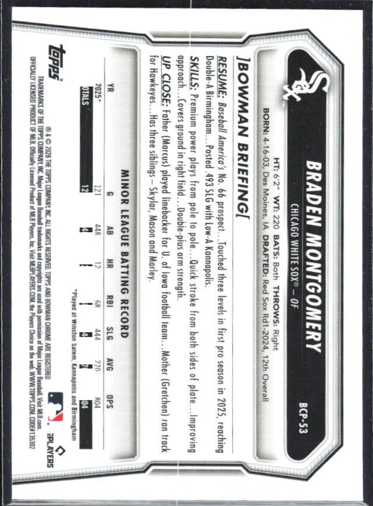 Braden Montgomery 2026 Bowman Chrome Prospects #BCP-53 – baksida