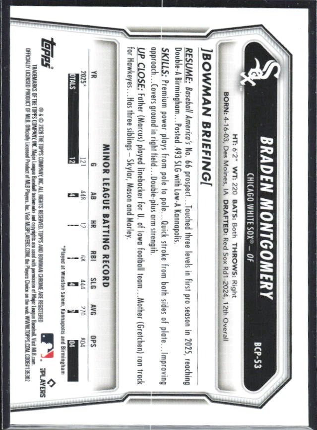 Braden Montgomery 2026 Bowman Chrome Prospects #BCP-53 – baksida