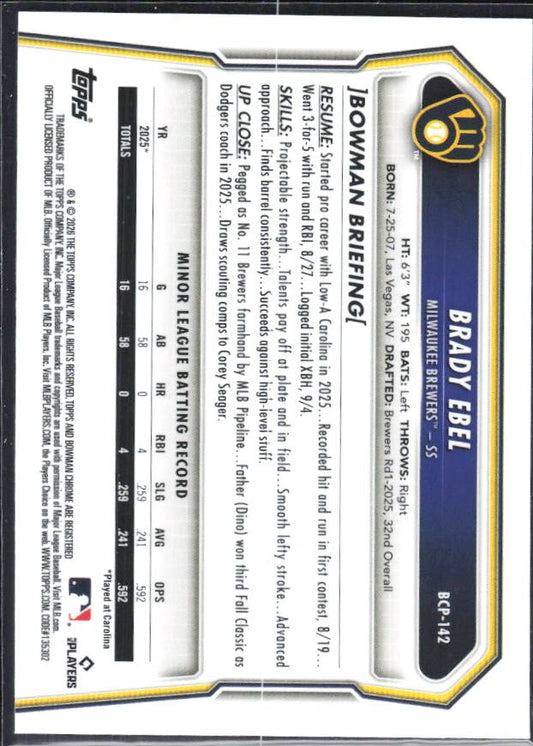 Brady Ebel 2026 Bowman Chrome Prospects #BCP-142 – baksida