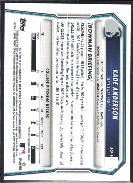 Kade Anderson 2026 Bowman Chrome Prospects #BCP-19 – baksida