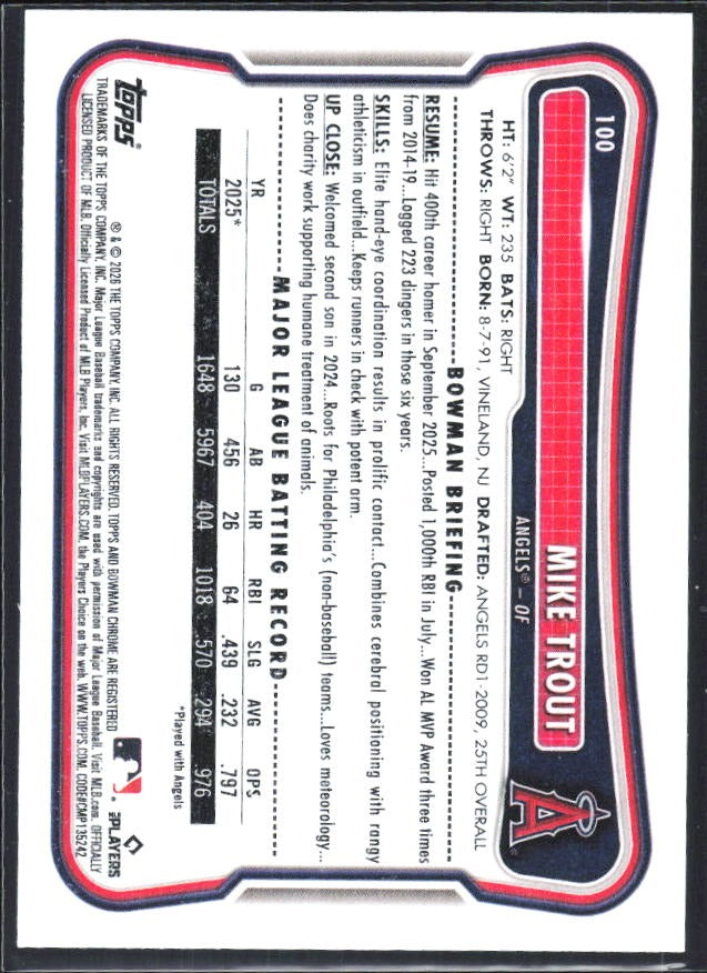 Mike Trout 2026 Bowman #100 – baksida