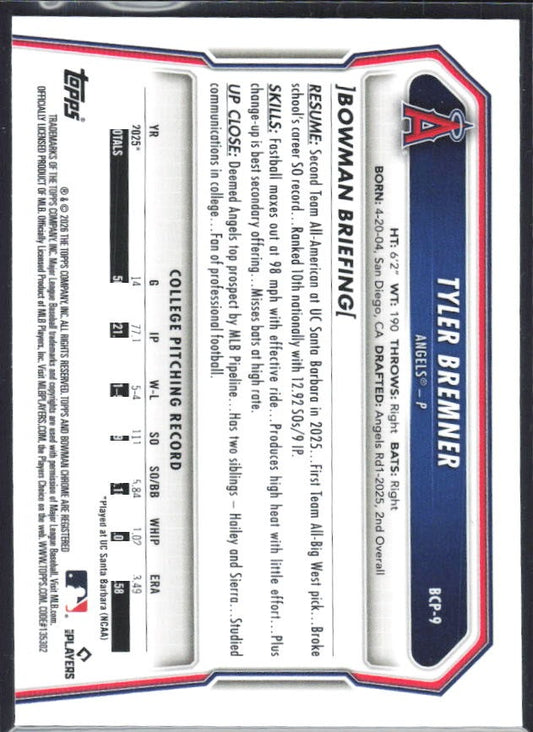 Tyler Bremner 2026 Bowman Chrome Prospects #BCP-9 – baksida
