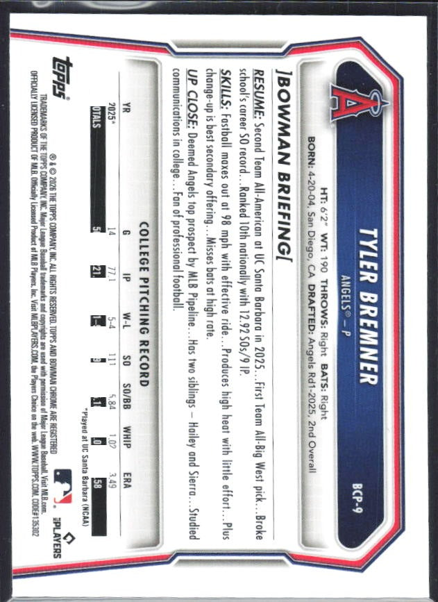 Tyler Bremner 2026 Bowman Chrome Prospects #BCP-9 – baksida