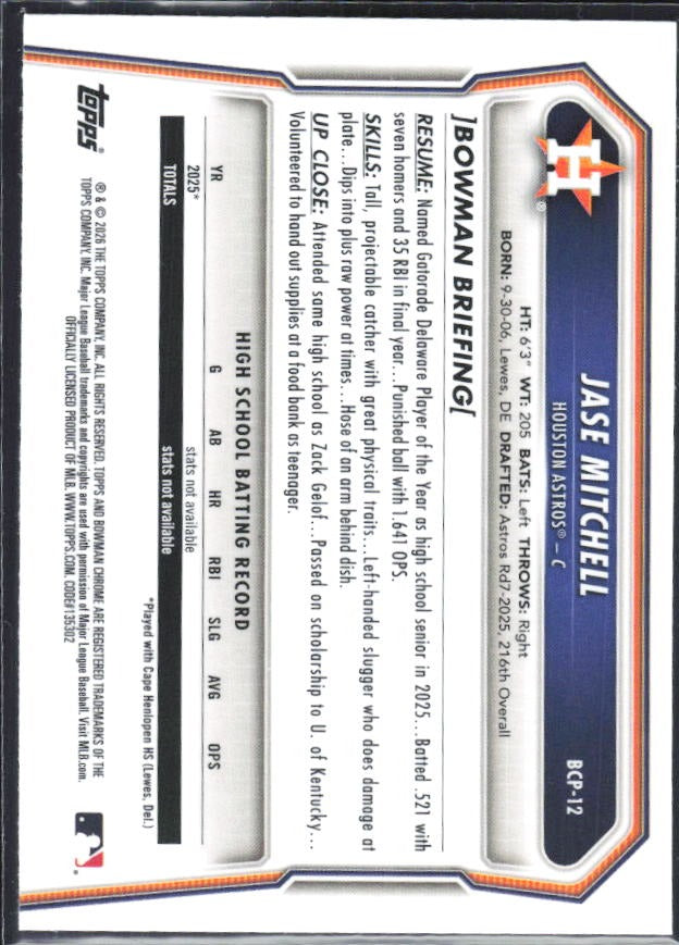 Jase Mitchell 2026 Bowman Chrome Prospects #BCP-12 – baksida