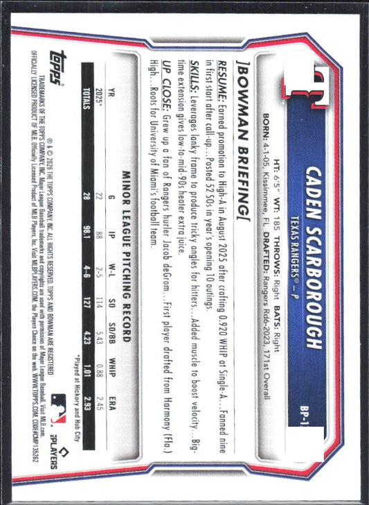 Caden Scarborough 2026 Bowman Prospects #BP-17 – baksida