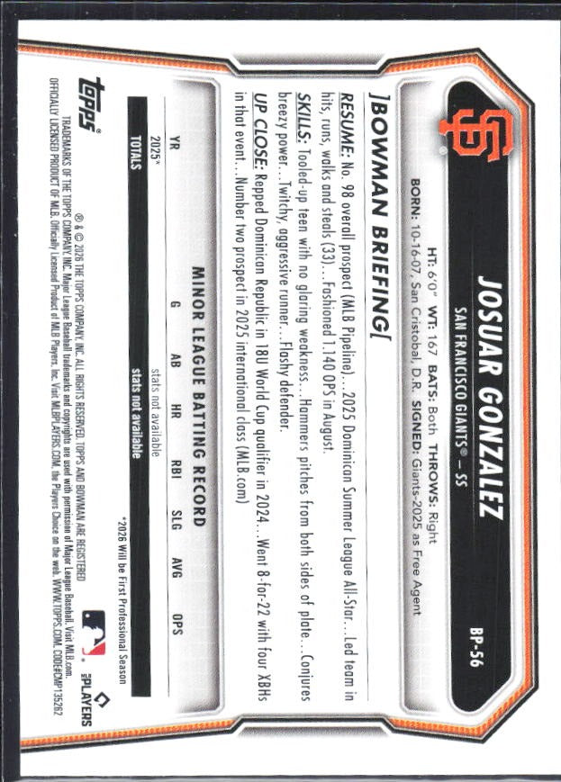 Josuar Gonzalez 2026 Bowman Prospects #BP-56 – baksida