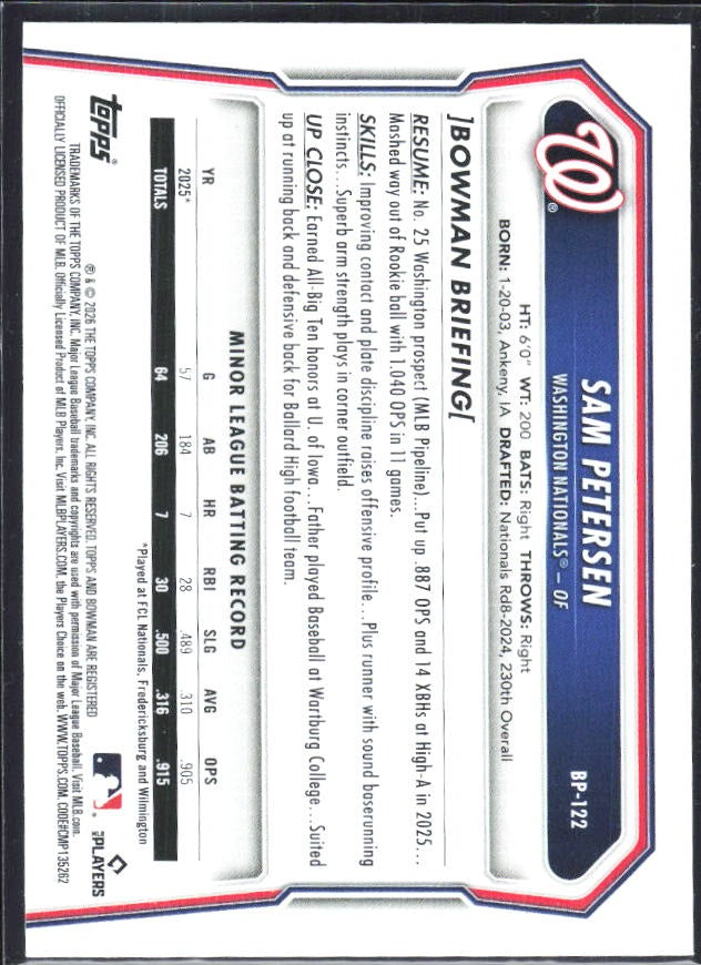 Sam Petersen 2026 Bowman Prospects #BP-122 – baksida