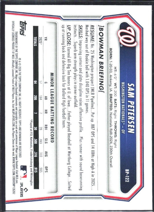 Sam Petersen 2026 Bowman Prospects #BP-122 – baksida