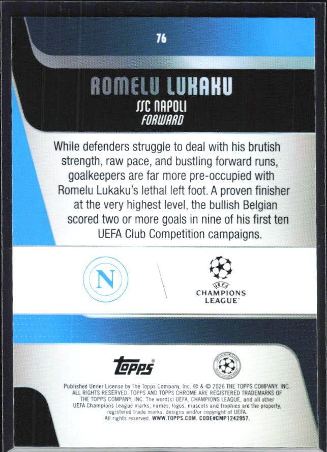 Romelu Lukaku 2025-26 Topps Chrome UCC #76 – baksida