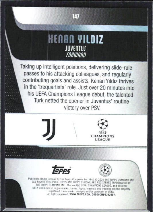 Kenan Yildiz 2025-26 Topps Chrome UCC #147 – baksida