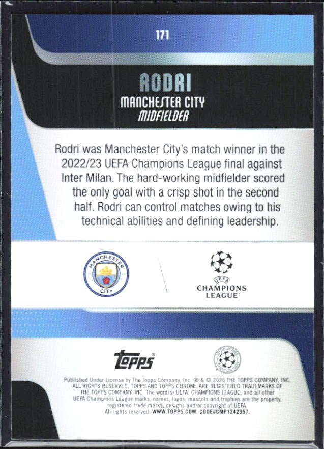 Rodri 2025-26 Topps Chrome UCC #171 – baksida