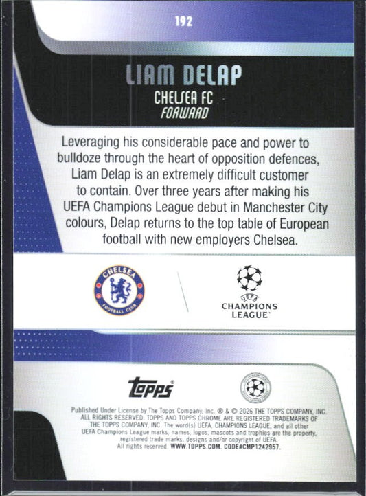 Liam Delap 2025-26 Topps Chrome UCC #192 – baksida