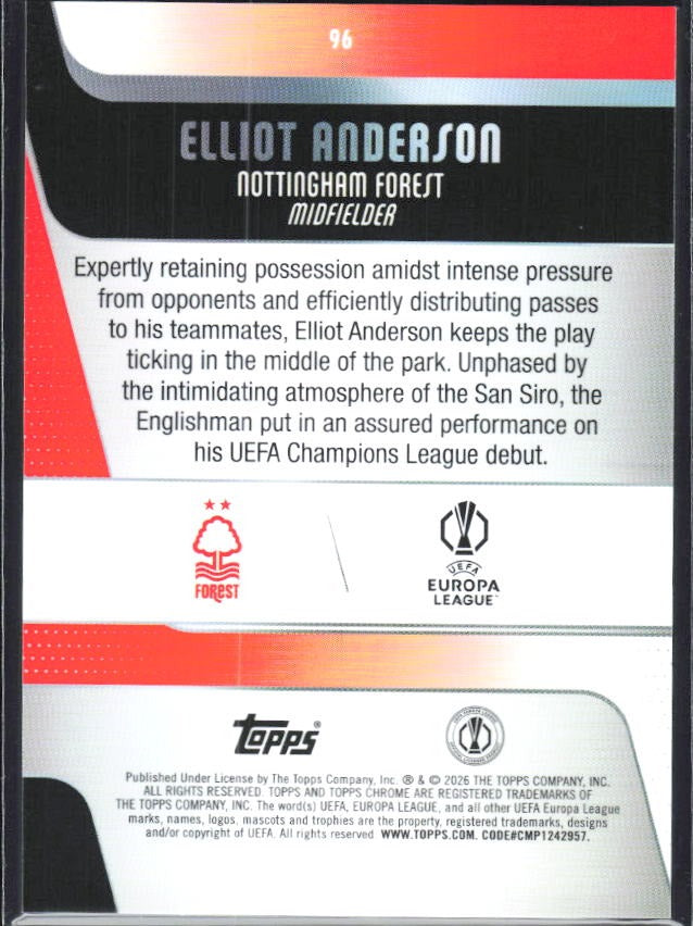 Elliot Anderson 2025-26 Topps Chrome UCC #96 – baksida
