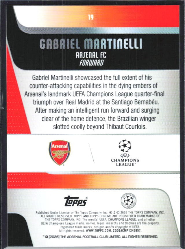 Gabriel Martinelli 2025-26 Topps Chrome UCC #19 – baksida