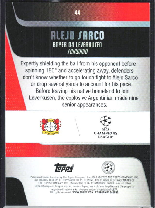 Alejo Sarco 2025-26 Topps Chrome UCC #44 – baksida