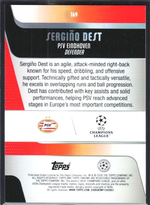 Sergiño Dest 2025-26 Topps Chrome UCC #169 – baksida