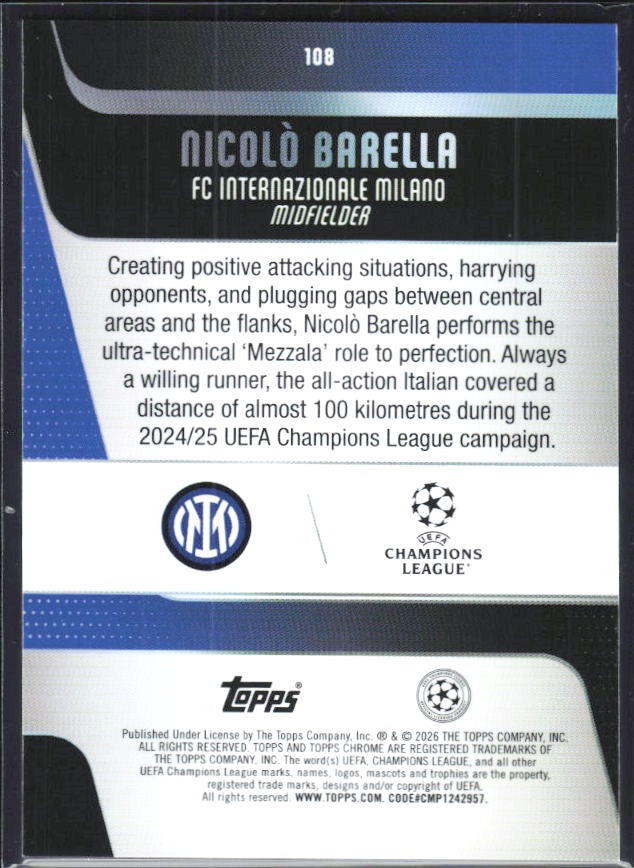 Nicolò Barella 2025-26 Topps Chrome UCC #108 – baksida