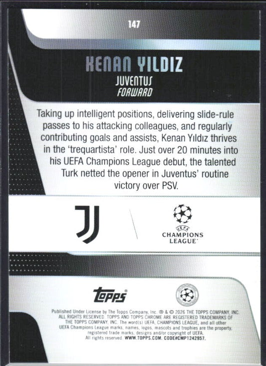 Kenan Yildiz 2025-26 Topps Chrome UCC #147 – baksida
