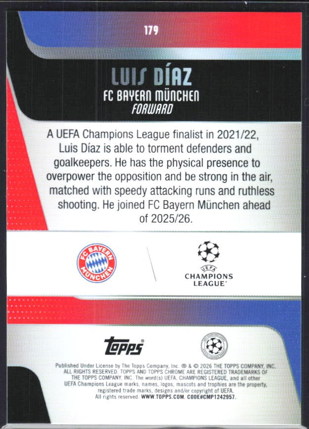 Luis Díaz 2025-26 Topps Chrome UCC #179 – baksida